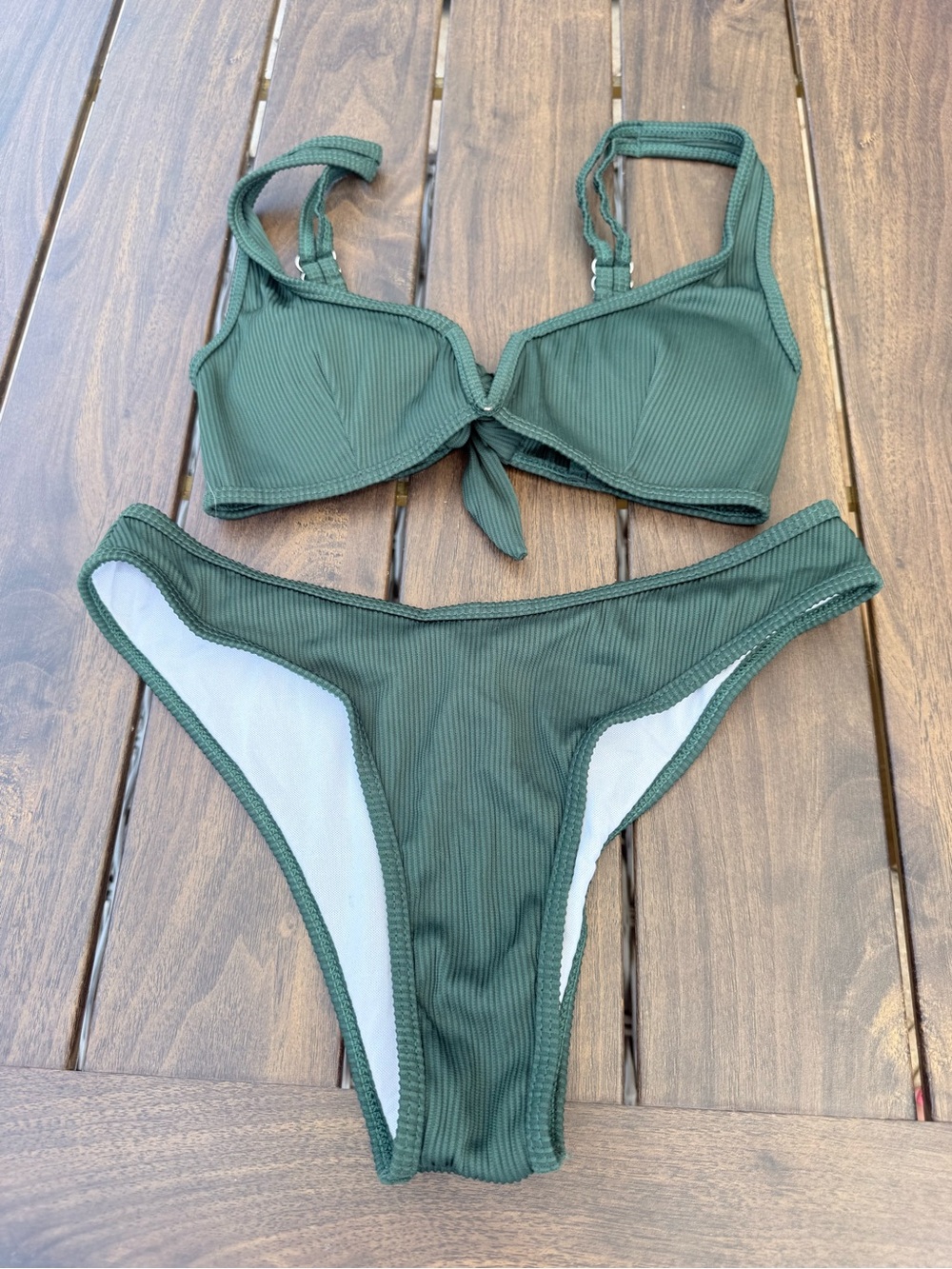 Zaful Ribbed Tie-Front Bikini Set - Olive Green